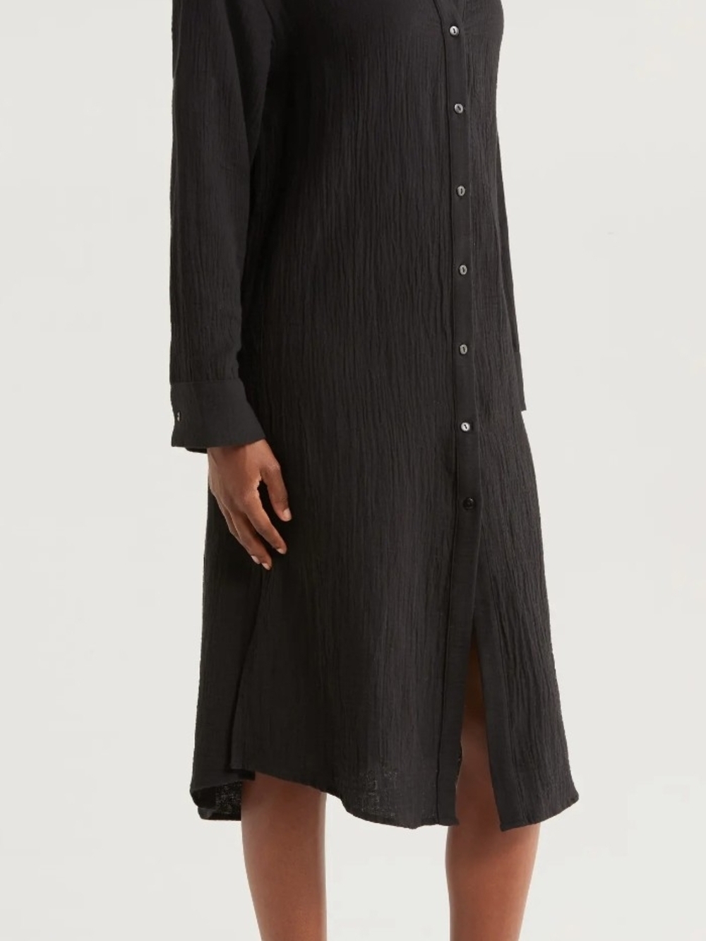 Cotton Gauze Black Button-Front Maxi Dress